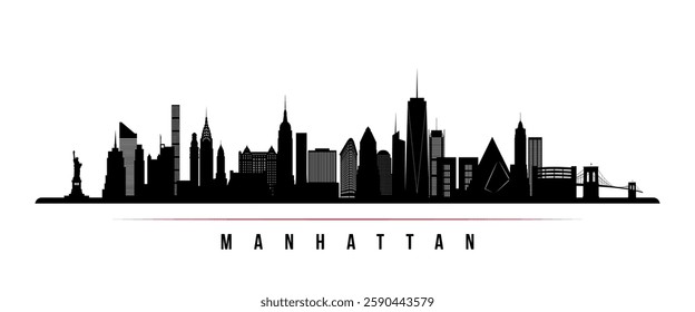 Manhattan skyline horizontal banner. Black and white silhouette of Manhattan, NYC. Vector template for your design. 