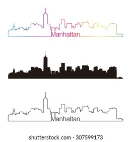 Manhattan Skyline Linear Style With Rainbow In Editable Vector File