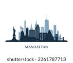 Manhattan skyline, monochrome silhouette. NYC skyline. Vector illustration.