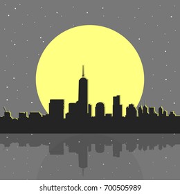Manhattan skyline silhouette in the night with stars and super moon.  
