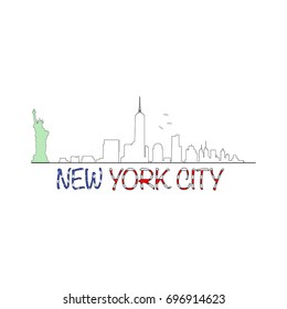 Manhattan skyline with Statue Of Liberty and New York City text shaped USA flag 