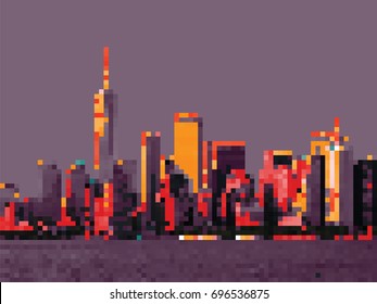 Manhattan skyline at sunset. New York City. Pixels