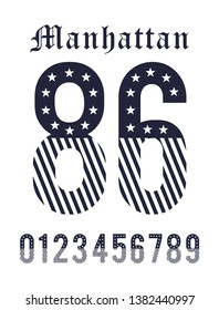 Manhattan typography design, set number USA style for t-shirt print. vector image 