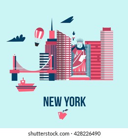 Manhattan USA skyline silhouette cartoon design vector illustration.