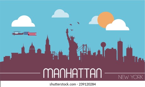 Manhattan USA skyline silhouette flat design vector illustration.