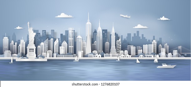 Manhattan,New York City panorama skyline with urban skyscrapers, Paper art 3d from digital craft style.