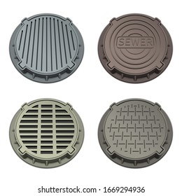 Manhole cover. Sewer manhole cap. Metal drain lid isolated on white background. Storm water sewer system. Stormwater street drain. Drainage systems, grate for water drainage. Sewage. Rain drain.