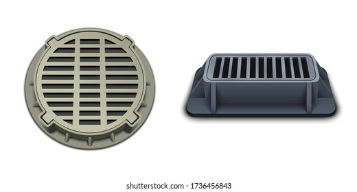 Manhole cover. Sewer manhole cap. Metal drain lid isolated on white background. Storm water sewer system. Stormwater street drain. Drainage systems, grate for water drainage. Sewage. Rain drain.