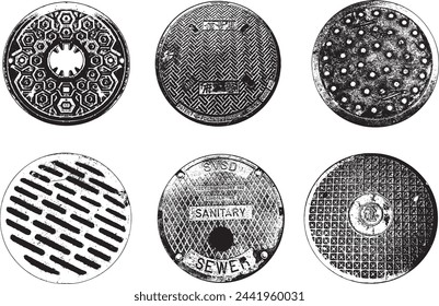 Manhole Covers. Vector Illustration of various Manhole Covers. 