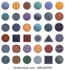 Manhole icons set. Cartoon set of manhole vector icons for web design