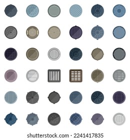 Manhole icons set flat vector. Canalization cap. Asphalt cover isolated