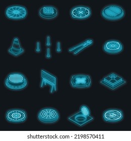 Conjunto de iconos de la ventana de control. Conjunto isométrico de iconos vectoriales de manhole color neón en negro