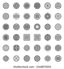 Los iconos Manhole establecen el vector de contorno. Límite de canalización. Cubierta de asfalto