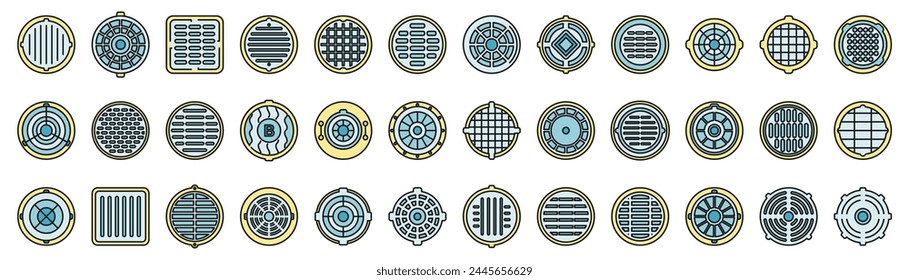 Manhole icons set outline vector. Canalization cap. Asphalt cover thin line color flat on white