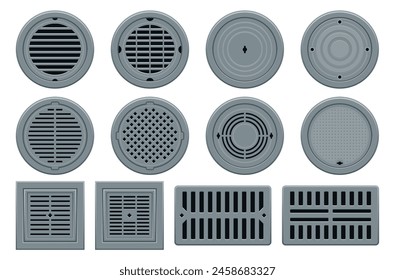 Manhole metallic circle squared and rectangle city hole drain cover set isometric vector illustration. Sewer hatch closed city tunnel underground pipe entrance industrial infrastructure construction