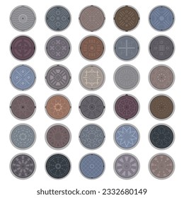 Manhole sewer. Round shapes top view steel manhole sewer recent vector illustrations