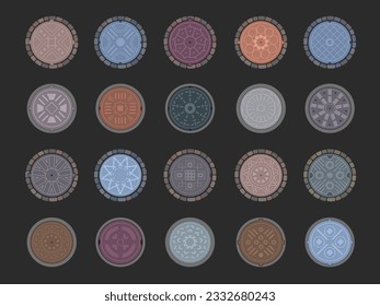 Manhole sewer. Top view for round steel sewer collection different types and textures recent vector decorative picture set