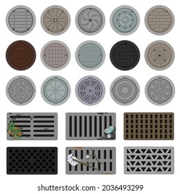 Juego de iconos de dibujos animados de vectores de alcantarillado Manhole . La ilustración vectorial de la colección muestra la calle del paro en el fondo blanco. Icono de ilustración de dibujos animados aislados conjunto de agujeros para el diseño web.