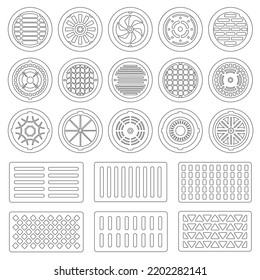 Juego de iconos de contorno del vector de alcantarillado de alcantarillado. La ilustración vectorial de la colección muestra la calle del paro en el fondo blanco. Conjunto de iconos de ilustración de esquema aislado de la boca de inspección para el diseño web.