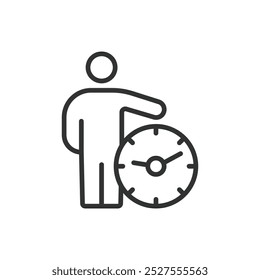 Hombre-hora, en diseño de línea. Hombre-hora, tiempo de trabajo, horas de trabajo, productividad, tiempo del empleado, medida del trabajo, seguimiento del tiempo en el Vector de fondo blanco. Icono de trazo editable de hora de hombre