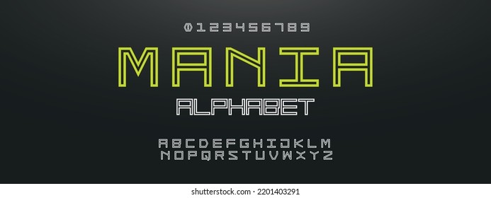 MANIA Sports minimal tech font letter set. Luxury vector typeface for company. Modern gaming fonts logo design.