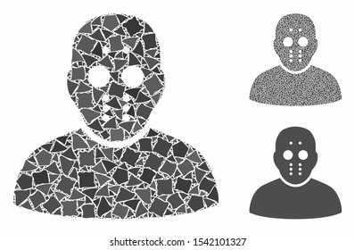 Maniac composition of irregular elements in various sizes and color tones, based on maniac icon. Vector rugged elements are organized into composition. Maniac icons collage with dotted pattern.