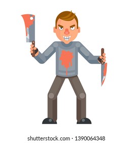 Maniac Killer Psychopath Blood Knife Axe Hand Insane Evil Psycho Cartoon Character Design Flat Isolated Vector Illustration