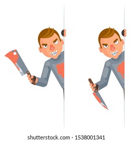 Maniac look out corner killer psychopath blood knife axe hand insane evil psycho character cartoon flat design isolated vector illustration