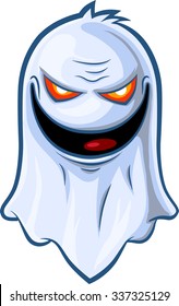 Maniac looking ghost comic book character. Frightening and happy character. Spooky Halloween monster. Comic hero vector illustration isolated on white background.