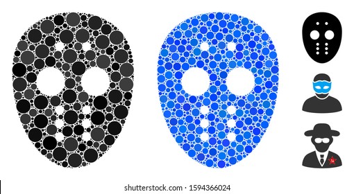 Maniac mask composition of filled circles in variable sizes and color tints, based on maniac mask icon. Vector filled circles are organized into blue illustration.