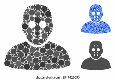 Maniac mosaic of circle elements in various sizes and shades, based on maniac icon. Vector circle elements are organized into blue mosaic. Dotted maniac icon in usual and blue versions.