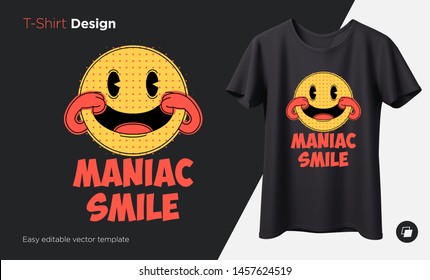 Maniac smile. Prints on T-shirts, sweatshirts, cases for mobile phones, souvenirs. Isolated vector illustration on black background.