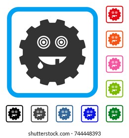 Maniac Smiley Gear icon. Flat grey pictogram symbol inside a blue rounded frame. Black, gray, green, blue, red, orange color versions of Maniac Smiley Gear vector.