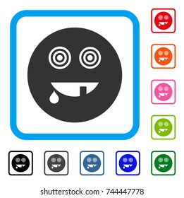 Maniac Smiley icon. Flat grey pictogram symbol inside a blue rounded rectangular frame. Black, gray, green, blue, red, orange color additional versions of Maniac Smiley vector.