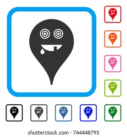 Maniac Smiley Map Marker icon. Flat grey iconic symbol in a blue rounded squared frame. Black, gray, green, blue, red, orange color variants of Maniac Smiley Map Marker vector.