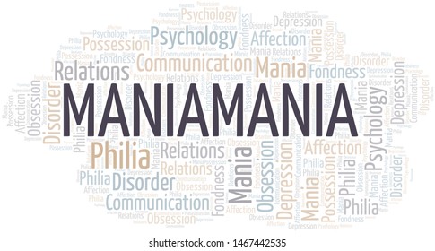 Maniamania word cloud. Type of mania, made with text only.