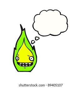 manic green flame character with thought bubble cartoon