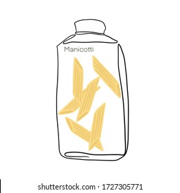 Manicotti. Pasta in a jar simple linear drawing. Line art. Italian cuisine, pasta. Vector Illustration. Realistic dry macaroni, for cards, posters, postcard  design, logo, for printed matter.
