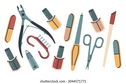 Manicure accessories, doodle pedicure nail service equipment. Hand drawn tweezers, nail scissors and nail polish vector illustration set. Cartoon manicure tools