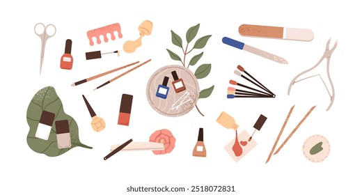 Conjunto de accesorios de manicura. Arte de uñas y herramientas de cuidado. Instrumentos de Profesional, lima, tijeras, cortadora, pinza de cutícula, gel de barniz. Ilustraciones vectoriales planas aisladas sobre fondo blanco