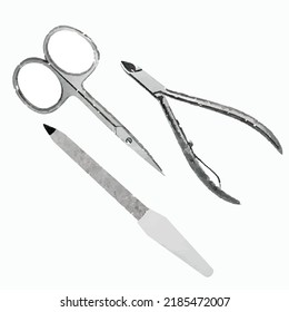 Manicure accessories vector picture. Scissors nail file tongs. Equipment for nails on white background. Nail varnish.  Beauty saloon. Watercolor style. Clipart for card, logo and greeting card.