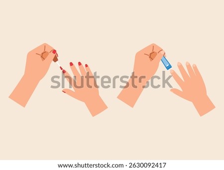 manicure, applying red nail polish illustration, cutting fingernail with nail clipper illustration 