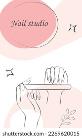 Manicure banner with nail file. Woman sawing fingernails, beauty, aesthetics and elegance. Spa treatments and cuticle care. Professional studio or salon concept. Cartoon flat vector illustration