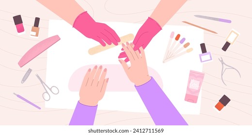 Manicure in beauty salon. Female hands, nail and arm care procedure. Professional master and client. Work process and tools, racy vector concept