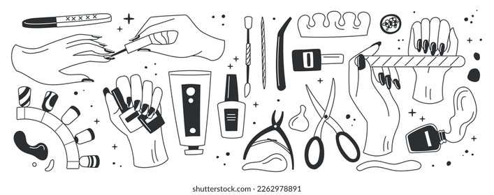 Manicure black icons set. Nailcare set, scissors and varnishes, cute female hands with nail file. Collection of equipment for nails. Cartoon flat vector illustrations isolated on white background