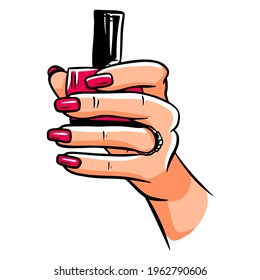Manicure. A bottle of varnish in women's hands. Hand with painted nails. Cartoon style. Vector illustration for design and decoration.