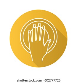 Manicure bowl flat linear long shadow icon. Woman's manicured hand with bowl. Vector line symbol