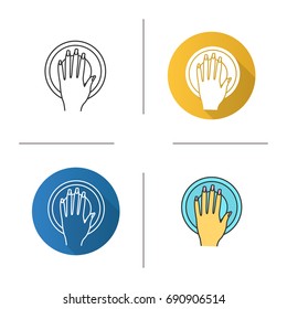 Manicure bowl icon. Flat design, linear and color styles. Woman's manicured hand with bowl. Isolated vector illustrations