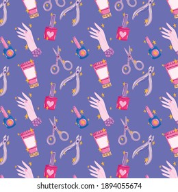 manicure care tools scissors cuticle trimmer cream and varnish cartoon background vector illustration