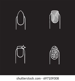 Manicure chalk icons set. Almond shaped, matte nail polish, broken glass manicure, fingernails burnishing. Isolated vector chalkboard illustrations